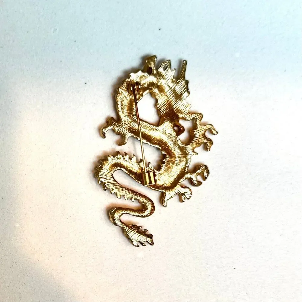 Gold Tone Chinese Style Dragon Statement Brooch